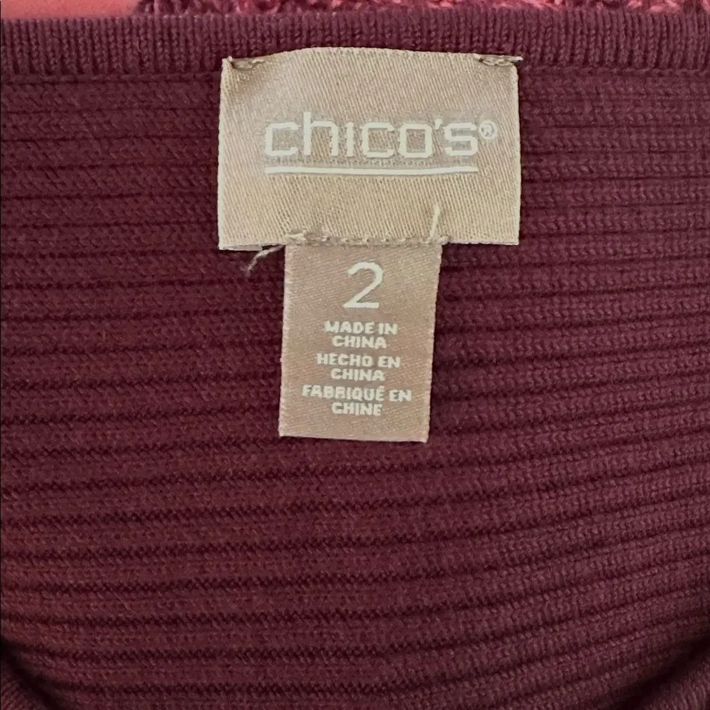 Chico's Sweater Size 2 (12) Burgundy Ribbed Chevron Dolman Sleeve